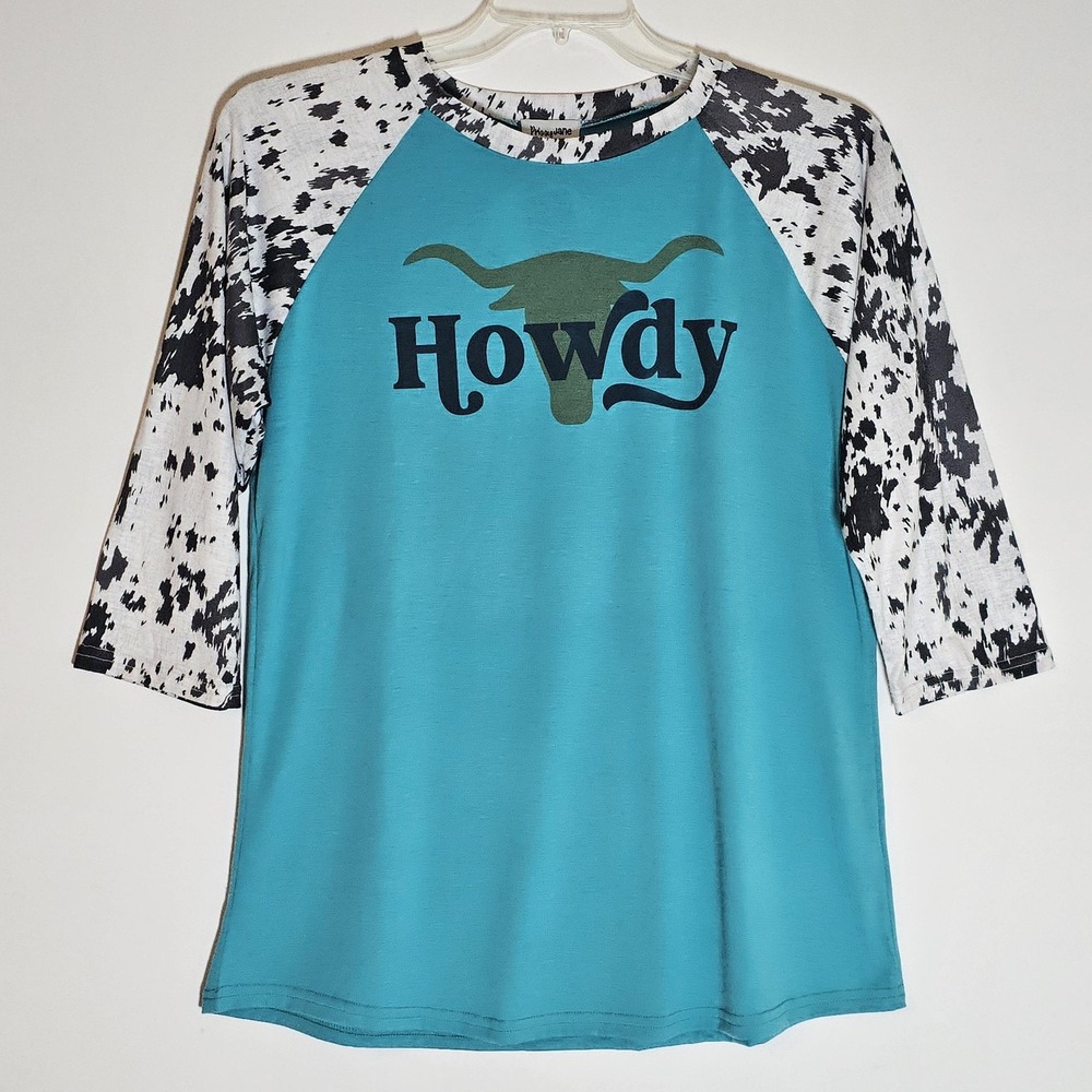 Prissy Jane Shirt‎ Womens Medium Howdy Graphic Cow Print Sleeves Western Tee